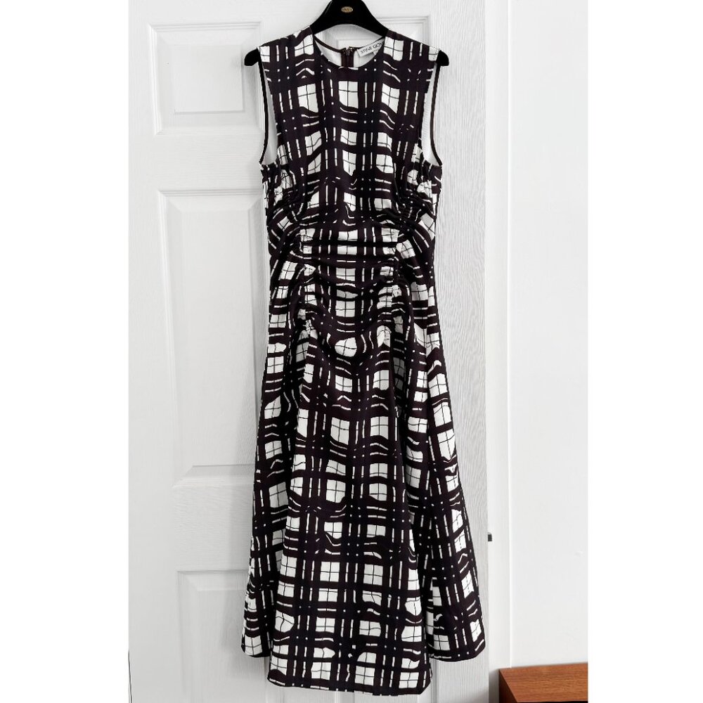 Stine Goya Gathered Midi Dress in Burgundy Checkered Wave, size Small - Picture 3 of 8